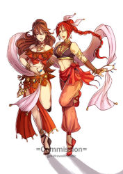 Rule 34 | 2girls, anklet, armlet, bangle, bare shoulders, bracelet, braid, breasts, bridal gauntlets, brown eyes, brown hair, cleavage, commission, crossover, dancer, earrings, elbow gloves, feet, female focus, fire emblem, fire emblem: the sacred stones, gloves, gzei, harem pants, hoop earrings, jewelry, lipstick, long hair, makeup, matching hair/eyes, medium breasts, mole, multiple girls, navel, necklace, nintendo, octopath traveler, octopath traveler i, one eye closed, pants, ponytail, primrose azelhart, red eyes, red footwear, red hair, red lips, sandals, see-through, smile, standing, tethys (fire emblem), tiptoes, toes, trait connection, tumblr username, watermark, wink