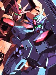 Rule 34 | commentary request, daigosan (k66daigensui), glowing, glowing eyes, green eyes, grey background, gundam, gundam lfrith thorn, gundam lfrith ur, gundam suisei no majo, highres, looking down, mecha, mobile suit, no humans, robot, science fiction, simple background, upper body, v-fin