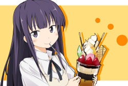 Rule 34 | 1girl, blush, food, fruit, hime cut, ice cream, ixy, long hair, looking at viewer, parfait, pocky, purple eyes, purple hair, smile, solo, strawberry, upper body, very long hair, working!!, yamada aoi