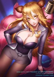 Rule 34 | 1girl, ahri (league of legends), alternate costume, alternate hairstyle, animal ears, belt, black pantyhose, blazer, blonde hair, breasts, brown pantyhose, citemer, cleavage, collarbone, colored eyelashes, cosplay, cowboy shot, dutch angle, epaulettes, eyelashes, facial mark, fox ears, fox tail, from above, girls&#039; generation, groin, hair between eyes, hand on own hip, headset, heart, highres, idol, jacket, jewelry, large breasts, league of legends, pantyhose under shorts, light smile, lips, lipstick, liuruoyu8888, long hair, looking at viewer, makeup, microphone, multiple tails, necklace, open clothes, open jacket, pantyhose, popstar ahri, red lips, short shorts, shorts, signature, smile, solo, sparkle, star-shaped pupils, star (symbol), symbol-shaped pupils, tail, thigh gap, thighs, very long hair, watermark, web address, whisker markings, yellow eyes, zipper