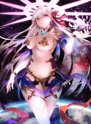 Rule 34 | 1girl, armor, bare shoulders, bikini armor, breasts, earrings, fate/grand order, fate (series), grin, hair between eyes, hair ribbon, hand up, highres, jewelry, kama (beast iii/l) (fate), kama (fate), large breasts, light particles, long hair, looking at viewer, omoti (1201208), red eyes, red ribbon, ribbon, silver hair, smile, solo, thighhighs