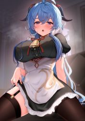 Rule 34 | 1girl, ahoge, alternate costume, apron, ayomo ro, bell, black dress, black thighhighs, blue hair, blurry, blurry background, blush, breasts, breath, clothes lift, cowbell, dress, dress lift, enmaided, ganyu (genshin impact), garter straps, genshin impact, goat horns, hair between eyes, highres, horns, large breasts, lifted by self, long hair, looking at viewer, maid, maid apron, open mouth, purple eyes, solo, thighhighs, thighs