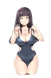 Rule 34 | 1girl, black hair, breasts, cleavage, female focus, grin, hyuuga hinata, large breasts, purple eyes, long hair, looking at viewer, naruto (series), naruto shippuuden, no pupils, pupiless eyes, simple background, smile, solo, swimsuit, tagme, thick thighs, thighs, white background, white eyes