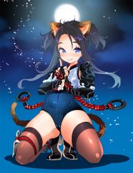 Rule 34 | 1girl, animal ears, black footwear, black hair, black leotard, blue eyes, blush, boots, brown thighhighs, cameltoe, cat ears, cat tail, cherry blossoms, cleft of venus, cloud, covered navel, crop top, elin, fang, fingerless gloves, full moon, gauntlets, gloves, gluteal fold, high heels, highres, kneeling, kunai, leotard, long hair, mojarin (kihara mojarin), moon, night, night sky, ninja, o-ring, petals, rope, shirt, short twintails, sky, smile, solo, spread legs, tail, tera online, thigh strap, thighhighs, thighs, tight clothes, twintails, weapon, white shirt