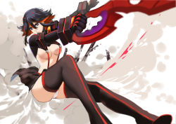 Rule 34 | 10s, 1girl, absurdres, boots, breasts, citemer, cleavage, highres, kill la kill, large breasts, liuruoyu8888, living clothes, looking away, matoi ryuuko, midriff, multicolored hair, scissor blade (kill la kill), senketsu, solo, suspenders, thigh boots, thighhighs, two-tone hair, weapon