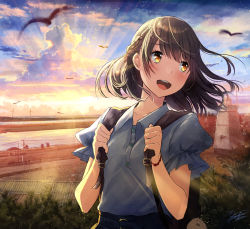 Rule 34 | 1girl, backpack, bag, bird, blush, braid, brown eyes, brown hair, french braid, highres, kazuharu kina, kimie, light particles, light rays, looking to the side, official art, open mouth, original, puffy short sleeves, puffy sleeves, river, school uniform, short sleeves, signature, sky, smile, solo, sunlight, sunset