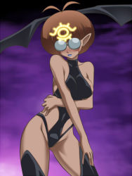 Rule 34 | 1girl, awa, bat wings, blush, brown hair, duel monster, elf, fortune ladies, fortune lady, fortune lady earth, glasses, pointy ears, short hair, wings, yu-gi-oh!, yuu-gi-ou, yu-gi-oh! duel monsters
