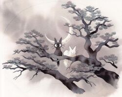 Rule 34 | abstract background, animal, animal focus, black cat, cat, closed eyes, crescent moon, grey sky, greyscale, heikala, in tree, monochrome, moon, multiple cats, no humans, original, outdoors, painting (medium), pine tree, sitting, sitting in tree, sky, traditional media, tree, very big eyes, watercolor (medium), white cat