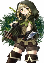 Rule 34 | 1girl, arrow (projectile), blonde hair, blush, boots, braid, cloak, dagger, dragon&#039;s crown, elf (dragon&#039;s crown), gloves, green eyes, holding, holding dagger, holding knife, holding weapon, hood, hooded cloak, kahadu (kawazu), knife, looking at viewer, parted lips, quiver, shorts, simple background, solo, thigh boots, twin braids, weapon, white background