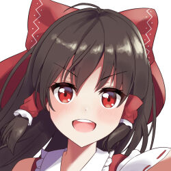 Rule 34 | 1girl, ambasa, blush, bow, brown hair, commentary request, frilled hair tubes, frills, hair bow, hair tubes, hakurei reimu, long hair, looking at viewer, open mouth, red bow, red eyes, ribbon-trimmed sleeves, ribbon trim, solo, touhou