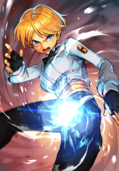 Rule 34 | 1girl, blonde hair, blush, breasts, dress shirt, energy ball, fingerless gloves, gloves, hungry clicker, kicking, king (snk), large breasts, open mouth, pants, ryuuko no ken, sash, shirt, snk, solo, standing, standing on one leg, the king of fighters, tsurime, white shirt