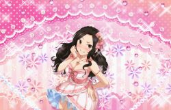Rule 34 | 10s, 1girl, arm garter, bare arms, bare shoulders, black hair, blush, bow, breasts, brooch, brown eyes, center opening, cleavage, clenched hand, collarbone, cross-laced clothes, curly hair, diamond (gemstone), dress, dress bow, eyelashes, eyes visible through hair, floral print, flower, gem, grin, hair bow, hair intakes, hair over shoulder, hand on own hip, hand up, idolmaster, idolmaster cinderella girls, idolmaster cinderella girls starlight stage, jewelry, lace, lace-trimmed bow, lace-trimmed dress, lace trim, large breasts, layered dress, long hair, looking at viewer, mukai takumi, necklace, pearl necklace, pendant, petticoat, pink bow, pink dress, pink flower, pink rose, pink theme, polka dot, purple flower, rose, see-through, see-through silhouette, sideboob, sidelocks, smile, solo, sparkle, striped, teeth, vertical stripes, wavy mouth, white flower, white rose, wrist cuffs
