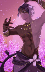 Rule 34 | 1boy, absurdres, arabian clothes, colored eyelashes, commentary, cookie run, dark-skinned male, dark skin, flower, hair flower, hair ornament, highres, humanization, jewelry, lilac cookie, looking at viewer, male focus, nail polish, necklace, nekoyasiki33, personification, petals, purple eyes, purple hair, short hair, solo, topless male