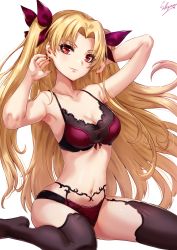 Rule 34 | 1girl, arms up, artist name, bare arms, bare shoulders, black nails, black thighhighs, blonde hair, bra, breasts, commentary request, ereshkigal (fate), fate/grand order, fate (series), hair ribbon, head tilt, highres, long hair, looking at viewer, medium breasts, nail polish, navel, panties, red bra, red eyes, red panties, ribbon, sakiyamama, signature, simple background, sitting, smile, solo, stomach, thighhighs, thighs, two side up, underwear, underwear only, very long hair, wariza, white background