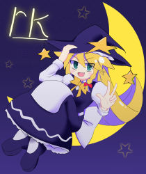 Rule 34 | 1girl, absurdres, bad id, bad twitter id, black footwear, black hat, black skirt, black vest, blonde hair, blush, bow, bowtie, braid, character name, commentary, cookie (touhou), fang, full body, green eyes, hair bow, hat, highres, hu ku be, kirisame marisa, long hair, looking at viewer, on crescent, open mouth, red bow, ruka (cookie), shoes, side braid, single braid, sitting on moon, skirt, sky, smile, socks, solo, star (sky), star (symbol), starry sky, touhou, v-shaped eyebrows, vest, w, white socks, witch hat, yellow bow, yellow bowtie