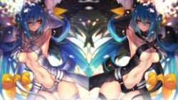 Rule 34 | 2girls, alternate color, armpits, asymmetrical wings, blue hair, breasts, different reflection, dizzy (guilty gear), dual persona, guilty gear, guilty gear x, guilty gear xx, highres, large breasts, long hair, multiple girls, one eye closed, oro (sumakaita), red eyes, reflection, ribbon, tail, tail ornament, tail ribbon, thighhighs, underboob, wings