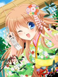 Rule 34 | 1girl, :d, ahoge, angel beats!, blonde hair, blue eyes, blue sky, blush, cherry blossom print, commentary request, day, dutch angle, fingernails, floating hair, floral print, flower, green kimono, hair flower, hair ornament, hand up, happy, highres, holding, holding paper, ikeda jun (aquaqua), japanese clothes, kanzashi, kimono, long hair, looking at viewer, new year, omikuji, one eye closed, open mouth, outdoors, paper, pink flower, red flower, second-party source, sekine shiori, sidelocks, sky, smile, solo, spiked hair, very long hair, w, yellow flower, yukata