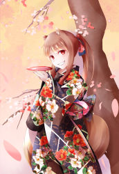 Rule 34 | 1girl, against tree, animal ears, brown hair, cherry blossoms, cup, floating hair, floral print, fudo shin, grin, hair ornament, head tilt, highres, holding, holo, japanese clothes, kimono, long hair, looking at viewer, print kimono, red eyes, sakazuki, smile, solo, spice and wolf, standing, tail, tree, wolf ears, wolf tail, yukata