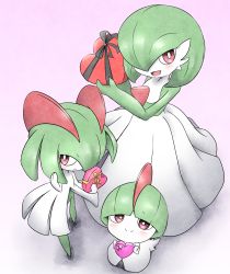 Rule 34 | blush, colored skin, commentary request, creatures (company), flat chest, game freak, gardevoir, gen 3 pokemon, green hair, hair over one eye, highres, holding, kashiwa (3920kashiwa), kirlia, looking at viewer, multicolored skin, nintendo, open mouth, pokemon, pokemon (creature), ralts, red eyes, simple background, smile, standing, two-tone skin, valentine, white background, white skin
