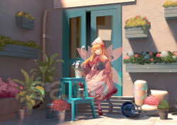 Rule 34 | 1girl, ;d, blonde hair, bucket, bush, capelet, door, dress, flower, flower request, furahata gen, holding, holding watering can, lily white, long hair, long sleeves, one eye closed, open mouth, plant request, red footwear, sample watermark, smile, socks, solo, stairs, standing, touhou, very long hair, watering can, watermark, white dress, white socks, wide shot, wide sleeves