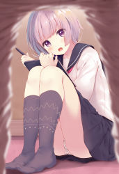 Rule 34 | 1girl, black sailor collar, black skirt, black socks, commentary request, drawing tablet, highres, holding, holding drawing tablet, komone ushio, looking at viewer, neckerchief, no shoes, open mouth, original, panties, panty peek, pleated skirt, purple eyes, purple hair, red neckerchief, sailor collar, shirt, short hair, skirt, socks, solo, underwear, white shirt