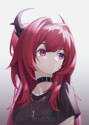 Rule 34 | 1girl, absurdres, arknights, artist name, black shirt, choker, hair strand, highres, horns, jewelry, long hair, looking away, looking to the side, messy hair, necklace, official alternate costume, parted lips, purple eyes, red hair, shirt, short sleeves, sidelocks, solo, surtr (arknights), surtr (liberte echec) (arknights), upper body, white background, yu-cloud
