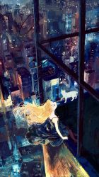 Rule 34 | 1girl, artist name, black dress, black pantyhose, blonde hair, building, cat, city, commentary request, dated, dress, food, highres, long hair, maij, night, original, outdoors, pantyhose, popsicle, sitting, skyscraper, solo, white cat