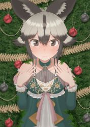 Rule 34 | 1girl, african wild dog (kemono friends), animal ear fluff, animal ears, arfox10, bare shoulders, black hair, blush, brown eyes, christmas tree, closed mouth, collarbone, detached sleeves, dog ears, dress, frilled sleeves, frills, furrowed brow, grey hair, hair between eyes, halter dress, halterneck, hands up, highres, kemono friends, kemono friends 3, long sleeves, looking at viewer, medium hair, multicolored hair, nervous, nose blush, official alternate costume, parted bangs, solo, two-tone hair, upper body, wavy mouth