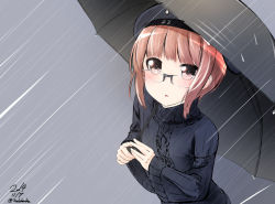 Rule 34 | 10s, 1girl, :o, bad id, bad pixiv id, bespectacled, blush, clothes writing, glasses, hat, holding, holding umbrella, kantai collection, long sleeves, looking up, nekobaka, pink eyes, rain, red hair, sailor hat, short hair, sidelocks, solo, sweater, umbrella, z3 max schultz (kancolle)