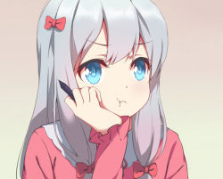 Rule 34 | &gt;:t, 10s, 1girl, :t, blue eyes, blush, bow, breasts, eromanga sensei, frilled sleeves, frills, gradient background, grey hair, hair bow, hand on own cheek, hand on own face, hand up, head rest, highres, izumi sagiri, long hair, long sleeves, looking away, pajamas, pink bow, pout, qingchen (694757286), sidelocks, simple background, small breasts, solo, upper body, v-shaped eyebrows