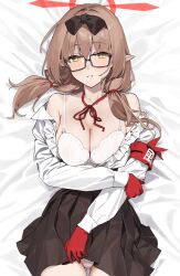 Rule 34 | 1girl, 92m, armband, black-framed eyewear, black hairband, blue archive, blush, bra, breasts, brown hair, brown skirt, chinatsu (blue archive), cleavage, glasses, gloves, gluteal fold, hairband, halo, highres, large breasts, light smile, long hair, long sleeves, looking at viewer, low twintails, lying, neck ribbon, on back, panties, pointy ears, red armband, red gloves, red halo, red ribbon, ribbon, shirt, skirt, smile, solo, twintails, underwear, white bra, white panties, white shirt, yellow eyes