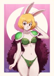 Rule 34 | 1girl, :3, alternate costume, animal ears, beast pirates uniform, blonde hair, breasts, carrot (one piece), cleavage, cowboy shot, furry, furry female, gravydood, hand in own hair, highres, navel, official alternate costume, one piece, rabbit ears, rabbit girl, rabbit tail, revealing clothes, short hair, smile, solo, tail, thong