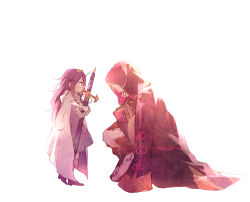 Rule 34 | 1boy, 1girl, a082, age difference, aged down, alternate costume, arm support, book, boots, cape, child, dress, eye contact, fire emblem, fire emblem awakening, hairband, holding, hood, hooded jacket, jacket, kneeling, long hair, looking at another, lucina (fire emblem), nintendo, on one knee, pants, robin (fire emblem), robin (male) (fire emblem), sheath, sheathed, simple background, sleeves past wrists, sword, tiara, weapon, white background, wide sleeves