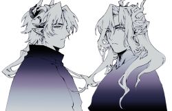 Rule 34 | 2boys, antlers, arknights, bci0233, character request, chong yue (arknights), closed mouth, coat, dragon boy, dragon horns, earrings, floating hair, greyscale, highres, horns, jewelry, long hair, looking at viewer, low ponytail, male focus, mandarin collar, monochrome, multiple boys, pointy ears, simple background, slit pupils, upper body, white background
