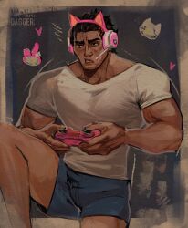 Rule 34 | animal ear headphones, animal ears, bara, cat ear headphones, controller, dark-skinned male, dark skin, fake animal ears, headphones, highres, joystick, male focus, marvel, miguel o&#039;hara, shirt, short hair, shorts, solo, spider-man: across the spider-verse, spider-man: into the spider-verse, spider-man (series), spider-verse, t-shirt, thick arms