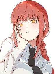 Rule 34 | 1girl, black necktie, blush, braid, chainsaw man, closed mouth, collared shirt, commentary request, fingernails, head rest, highres, leaf (identityv leaf), long hair, long sleeves, looking at viewer, makima (chainsaw man), necktie, red hair, ringed eyes, shirt, sidelocks, simple background, solo, white background, white shirt, yellow eyes