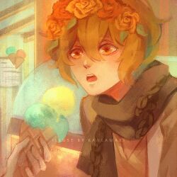 Rule 34 | 1boy, artist name, black scarf, blonde hair, brown vest, commentary, dripping, english commentary, english text, flower, food, grey sleeves, hair between eyes, head wreath, holding, holding food, holding ice cream, holding ice cream cone, ice cream, ice cream cone, indoors, jacket, kanlamari, leaf, light brown hair, long sleeves, looking ahead, male focus, menu, open clothes, open jacket, open mouth, orange eyes, orange flower, orange rose, original, red flower, red rose, rose, scarf, shop, short hair, solo focus, teeth, upper body, upper teeth only, v-neck, vest, watermark, white jacket