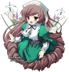 Rule 34 | 00s, 1girl, :d, blush, brown hair, copyright name, corset, dress, drill hair, flat chest, flower, frills, green dress, green eyes, hat, heterochromia, lolita fashion, long hair, long sleeves, looking at viewer, open mouth, red eyes, ribbon, rozen maiden, shinshin, smile, solo, straightchromia, suiseiseki, twin drills, twintails, very long hair, white background