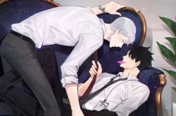 Rule 34 | 2boys, belt, black hair, black neckwear, black pants, blush, condom, condom in mouth, condom wrapper, couch, dress shirt, eye contact, formal, grey hair, haiba lev, haikyuu!!, highres, indoors, kuroo tetsurou, lanyard, looking at another, lying, male focus, mouth hold, multiple boys, naughty face, necktie, necktie grab, neckwear grab, on couch, pants, plant, profile, red neckwear, ri mumu, shirt, short hair, sleeves rolled up, suit, watch, white shirt, wristwatch, yaoi
