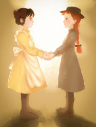 Rule 34 | 2girls, anne of green gables, anne shirley, black hair, black headwear, boots, bow, braid, brown footwear, diana barry, dress, eye contact, grey dress, hair bow, hat, highres, holding hands, long sleeves, looking at another, multiple girls, nukazuke, red bow, red hair, yellow dress