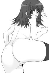 Rule 34 | 00s, 1girl, anus, ass, blush, censored, female focus, greyscale, milfa (to heart), monochrome, nude, pussy, shichimenchou, simple background, solo, thighhighs, to heart (series), to heart 2, to heart 2 ad, white background