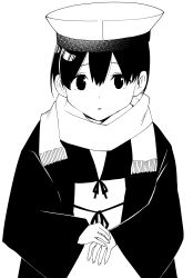 Rule 34 | 1girl, absurdres, commentary request, cowboy shot, dress, greyscale, haori, hat, hiburi (kancolle), highres, japanese clothes, kantai collection, masukuza j, monochrome, sailor collar, sailor dress, sailor hat, scarf, short hair, simple background, solo