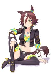 Rule 34 | 1girl, :d, absurdres, animal ears, belt, black footwear, black jacket, black shorts, boots, brown hair, crop top, full body, grin, hair over one eye, high heel boots, high heels, highres, horse ears, horse girl, horse tail, jacket, long hair, long sleeves, looking at viewer, midriff, navel, on floor, open mouth, ponytail, rokochandayo, shirt, shorts, simple background, sitting, smile, solo, stopwatch, stopwatch around neck, tail, teeth, thigh boots, umamusume, vodka (umamusume), white background, yellow eyes, yellow shirt