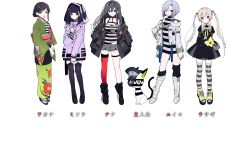 Rule 34 | 1other, 5girls, artist request, asymmetrical legwear, bag, belt, black dress, black footwear, black hair, black jacket, black legwear, blonde hair, blue eyes, blue hair, bob cut, boots, braid, breasts, cat, character name, check artist, choker, closed mouth, criminal girls, criminal girls x, dress, full body, garter straps, green eyes, green kimono, grey eyes, grey hair, grey legwear, grey shorts, hair ornament, hairclip, hand on own hip, hat, highres, hood, hooded jacket, jacket, japanese clothes, kimono, long hair, long sleeves, looking at viewer, medium breasts, medium hair, misora (criminal girls x), mochizuki kei, multiple girls, nana (criminal girls x), open clothes, open jacket, purple jacket, red eyes, sandals, shirt, shoes, short dress, short shorts, shorts, sleeveless, sleeveless dress, standing, striped clothes, striped dress, striped legwear, striped shirt, striped thighhighs, thighhighs, translation request, transparent background, twintails, uneven legwear, usagi (criminal girls x), wakana (criminal girls x), white footwear, white jacket, yuiko (criminal girls x)