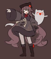 Rule 34 | 1girl, animal hat, arm up, beret, boo tao (genshin impact), boots, brown background, brown coat, brown footwear, brown hair, brown hat, cat hat, coat, flower, full body, genshin impact, ghost, hair flaps, hat, hat flower, highres, hu tao (genshin impact), long hair, long sleeves, low twintails, marimo jh, red flower, red shirt, shirt, sidelocks, simple background, solo, twintails, very long hair