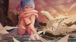 Rule 34 | 1girl, barefoot, bird, crossed legs, feet, full body, hair ornament, hatsune miku, highres, holding, holding shoes, legs, long hair, panties, r/h, seagull, shoes, soaking feet, toes, twintails, underwear, very long hair, vocaloid