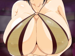 Rule 34 | 1girl, bare arms, bare shoulders, black hair, blurry, blurry background, breast focus, breasts, close-up, collarbone, female focus, fishnet swimsuit, fishnets, head out of frame, highres, huge breasts, hyuuga hinata, indoors, mature female, naruto, naruto (series), o-ring, own hands together, shiny skin, solo, swimsuit, uohaman, upper body