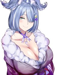 Rule 34 | 1girl, aqua eyes, blue hair, breasts, cafekun, cleavage, closed mouth, collarbone, dragon girl, elira pendora, elira pendora (2nd costume), from above, fur trim, hair ornament, hair over one eye, hairclip, head wings, highres, japanese clothes, jewelry, key, key necklace, kimono, large breasts, looking at viewer, medium hair, multicolored hair, necklace, nijisanji, nijisanji en, ribbon, simple background, smile, solo, streaked hair, tiara, upper body, virtual youtuber, white background, wings