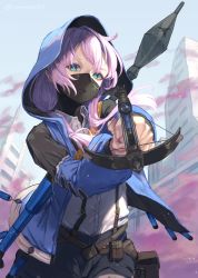 Rule 34 | 1girl, aiming, aiming at viewer, arknights, black mask, black shorts, blouse, blue eyes, blue jacket, blue poison (arknights), blue poison (elite ii) (arknights), bow (weapon), brown bag, building, commentary request, commission, covered mouth, cowboy shot, crossbow, from below, highres, holding, holding crossbow, holding weapon, hood, hood up, hooded jacket, jacket, long hair, looking at viewer, low twintails, mask, mouth mask, outdoors, pink hair, pixiv commission, pouch, rocket launcher, roco (rocoroco1115), rpg (weapon), shirt, shorts, skyscraper, solo, twintails, vial, weapon, weapon on back, white shirt