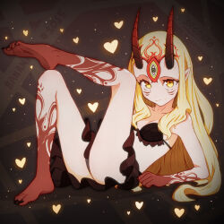 Rule 34 | 1girl, arm support, bare legs, bare shoulders, barefoot, bikini, bikini skirt, black bikini, black nails, blonde hair, breasts, character name, closed mouth, commentary, english commentary, facial mark, fate/grand order, fate (series), feet, foot tattoo, forehead mark, hand tattoo, heart, horns, ibaraki douji (fate), leg up, legs, long hair, looking at viewer, nail polish, oni, oni horns, pointy ears, sitting, small breasts, smile, soles, solo, srgrafo, swimsuit, tattoo, toenail polish, toenails, toes, very long hair, yellow eyes